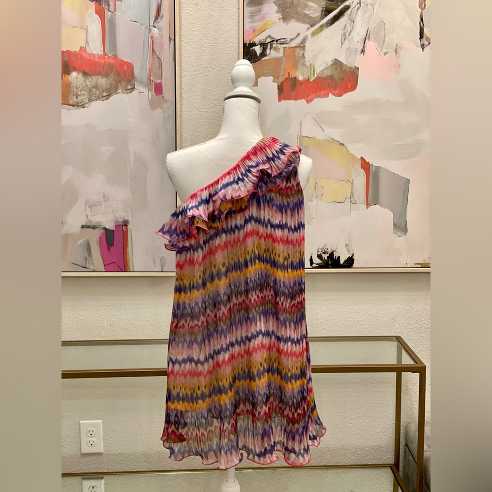 Multi- colored one shoulder dress.